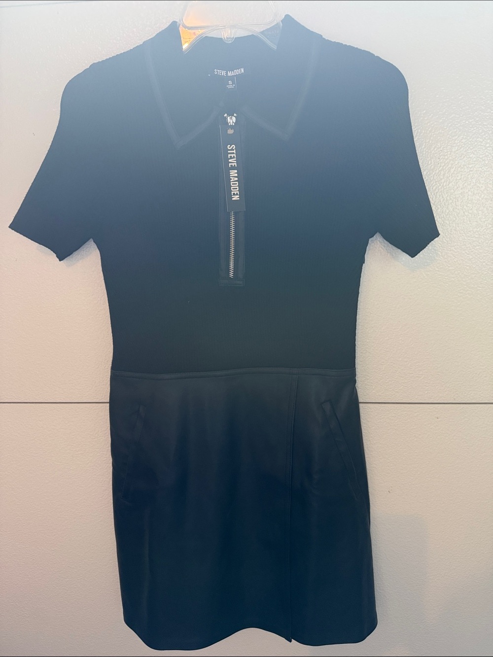 new Steve Madden Black Short-Sleeve Polo Zip Dress w faux leather skirting